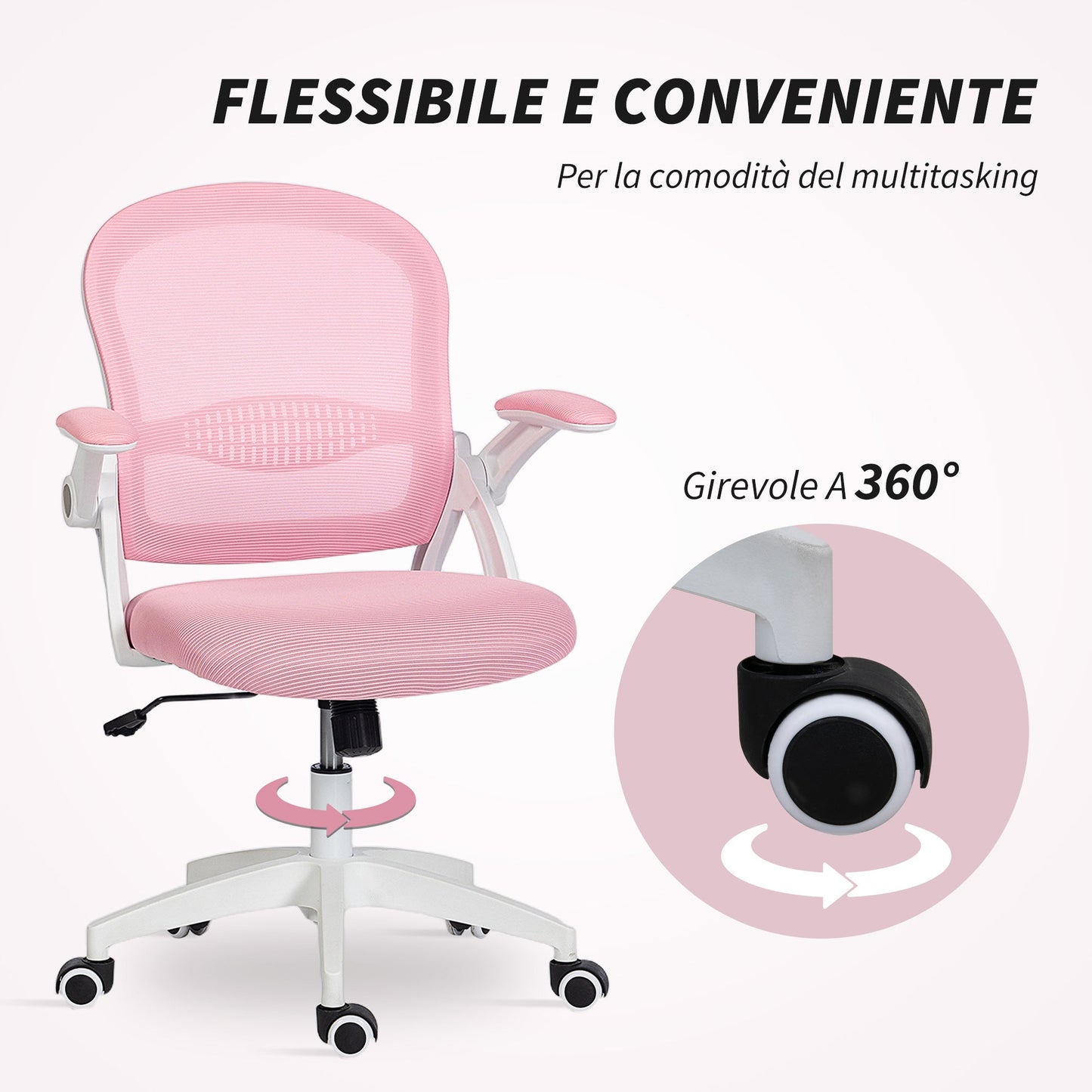 Ergonomic and Adjustable Office Chair with Mesh Backrest and Padded Seat, 65.5x61.5x88-97.5 cm, Pink