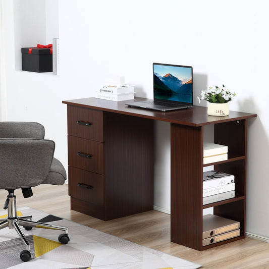Office Desk with 3 Drawers and 3 Reversible Wooden Shelves, 120x49x72cm, Walnut