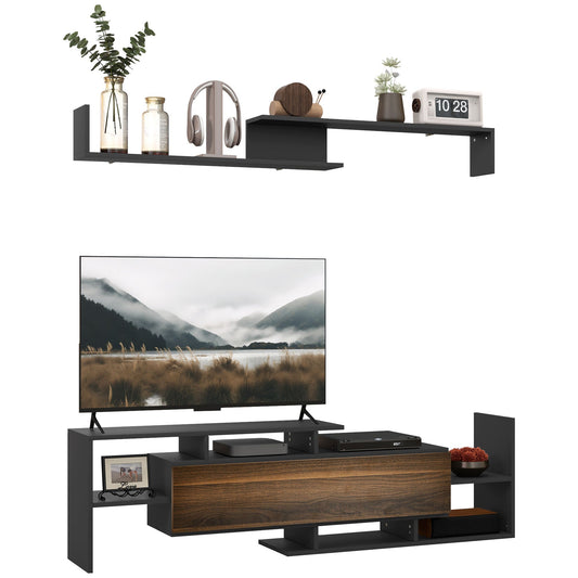 TV Cabinet with Wall Shelf, Open Shelves and Wooden Cabinet, Black and Brown