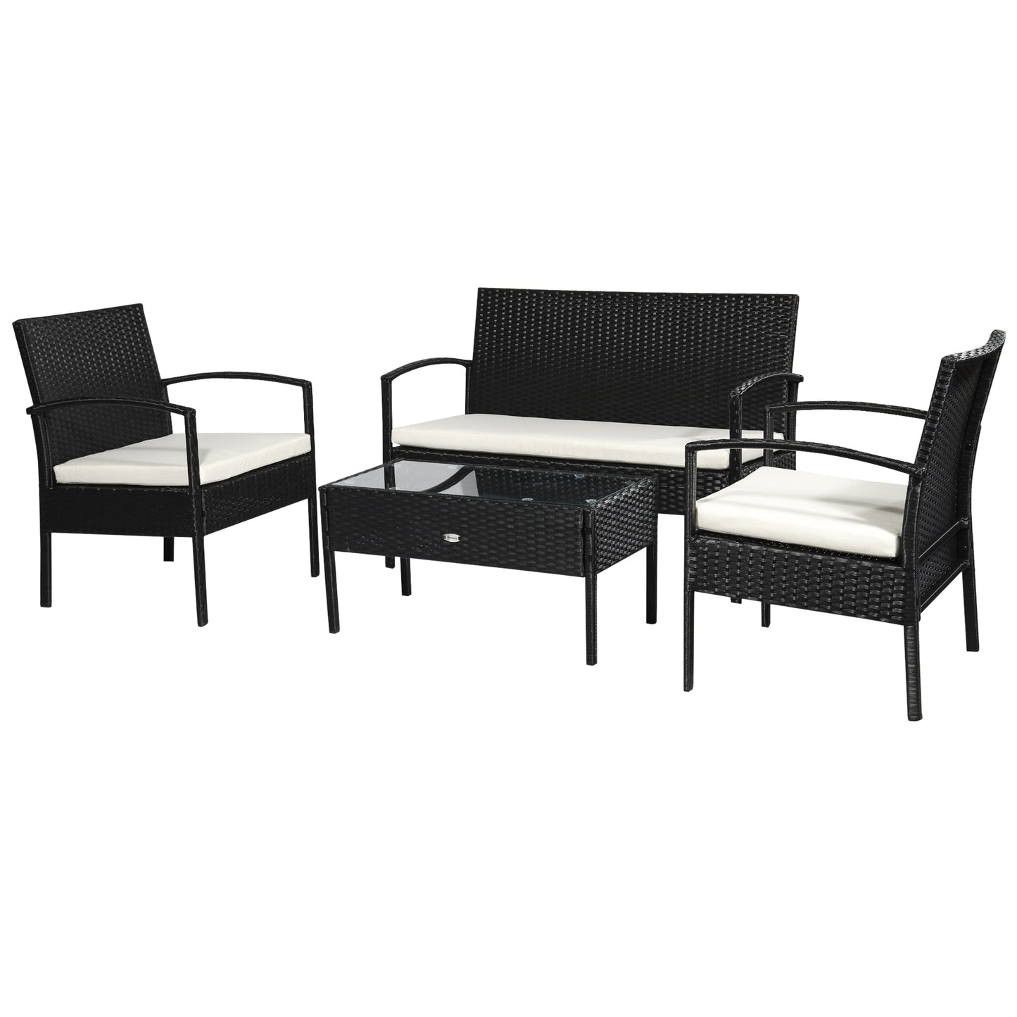 Outdoor Set 4 Piece PE Rattan with Garden Table, 2 Armchairs and 2 Seater Sofa, Black and Cream