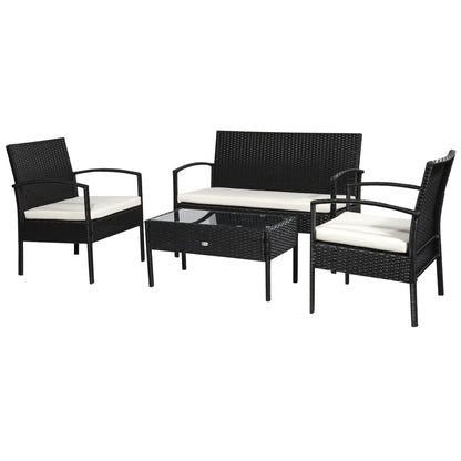 Outdoor Set 4 Piece PE Rattan with Garden Table, 2 Armchairs and 2 Seater Sofa, Black and Cream