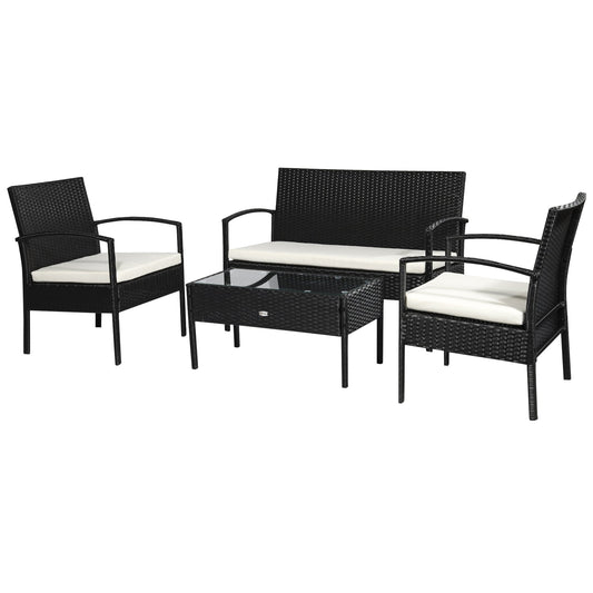Outdoor Set 4 Piece PE Rattan with Garden Table, 2 Armchairs and 2 Seater Sofa, Black and Cream
