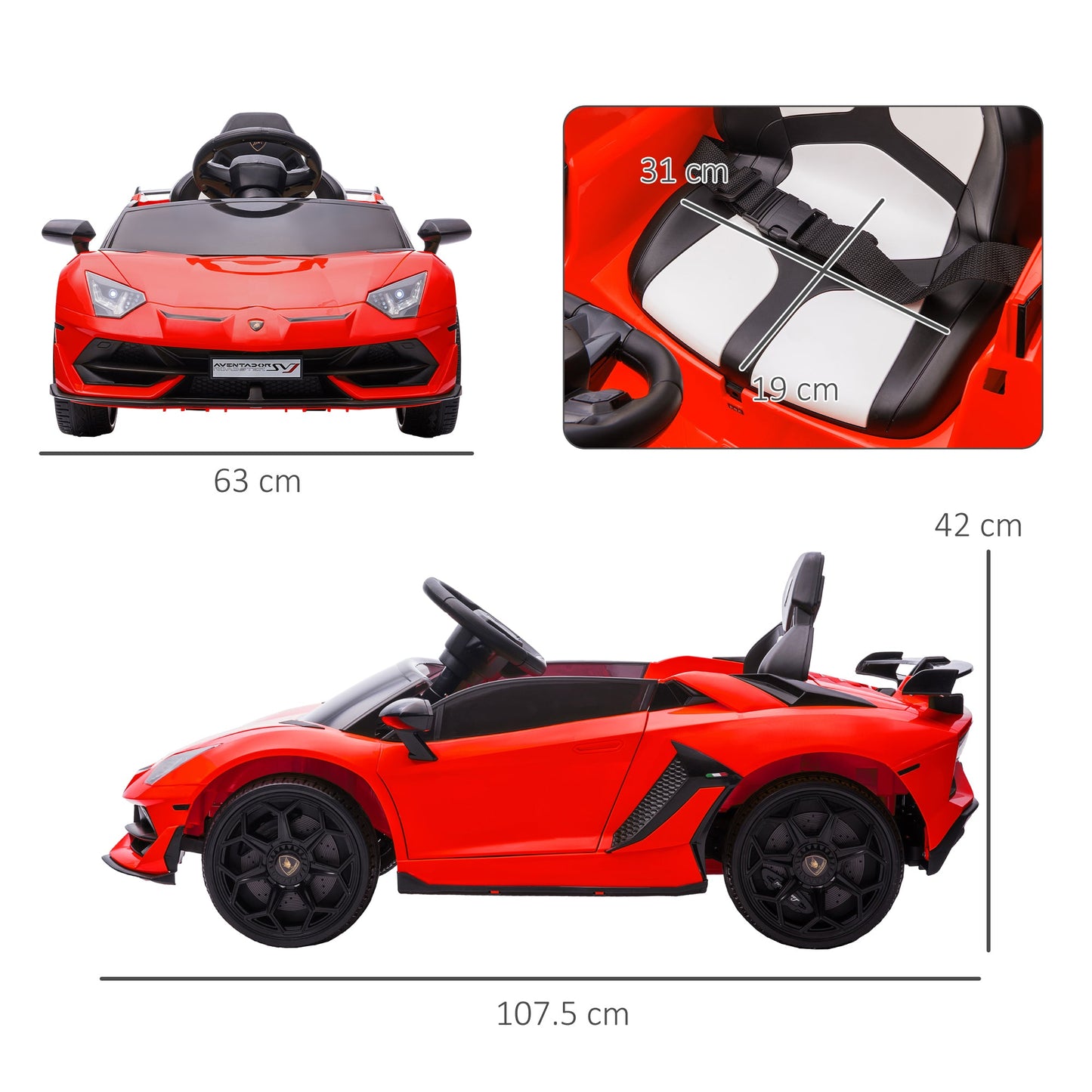 12V Electric Ride-On Toy Car for Kids with Lamborghini License, Horn and Remote Control, 107.5x63x42 cm, Red