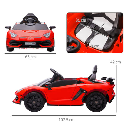 12V Electric Ride-On Toy Car for Kids with Lamborghini License, Horn and Remote Control, 107.5x63x42 cm, Red