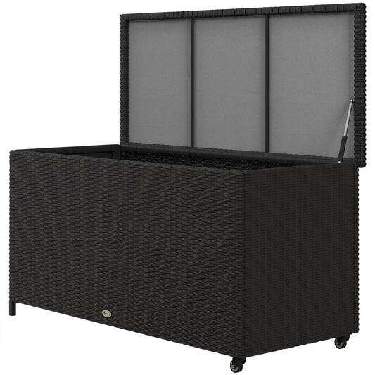 PE Rattan Garden Storage Chest with Wheels and Side Handle, 121x57x67cm, Black