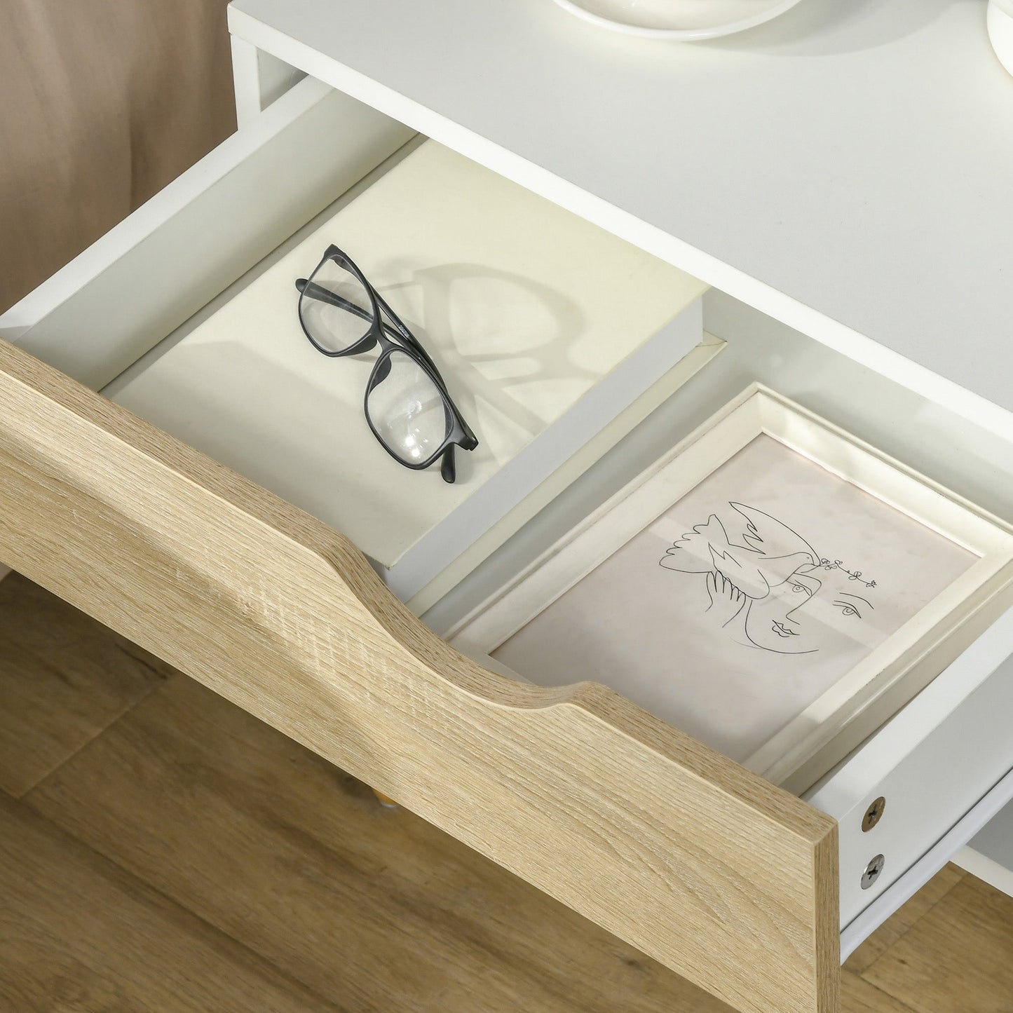 Set of 2 Modern Bedside Tables with Drawer and Shelf, Raised Base and Wooden Legs, 50x39x51cm, White and Oak