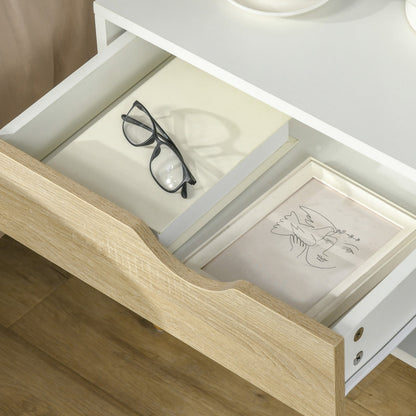 Set of 2 Modern Bedside Tables with Drawer and Shelf, Raised Base and Wooden Legs, 50x39x51cm, White and Oak