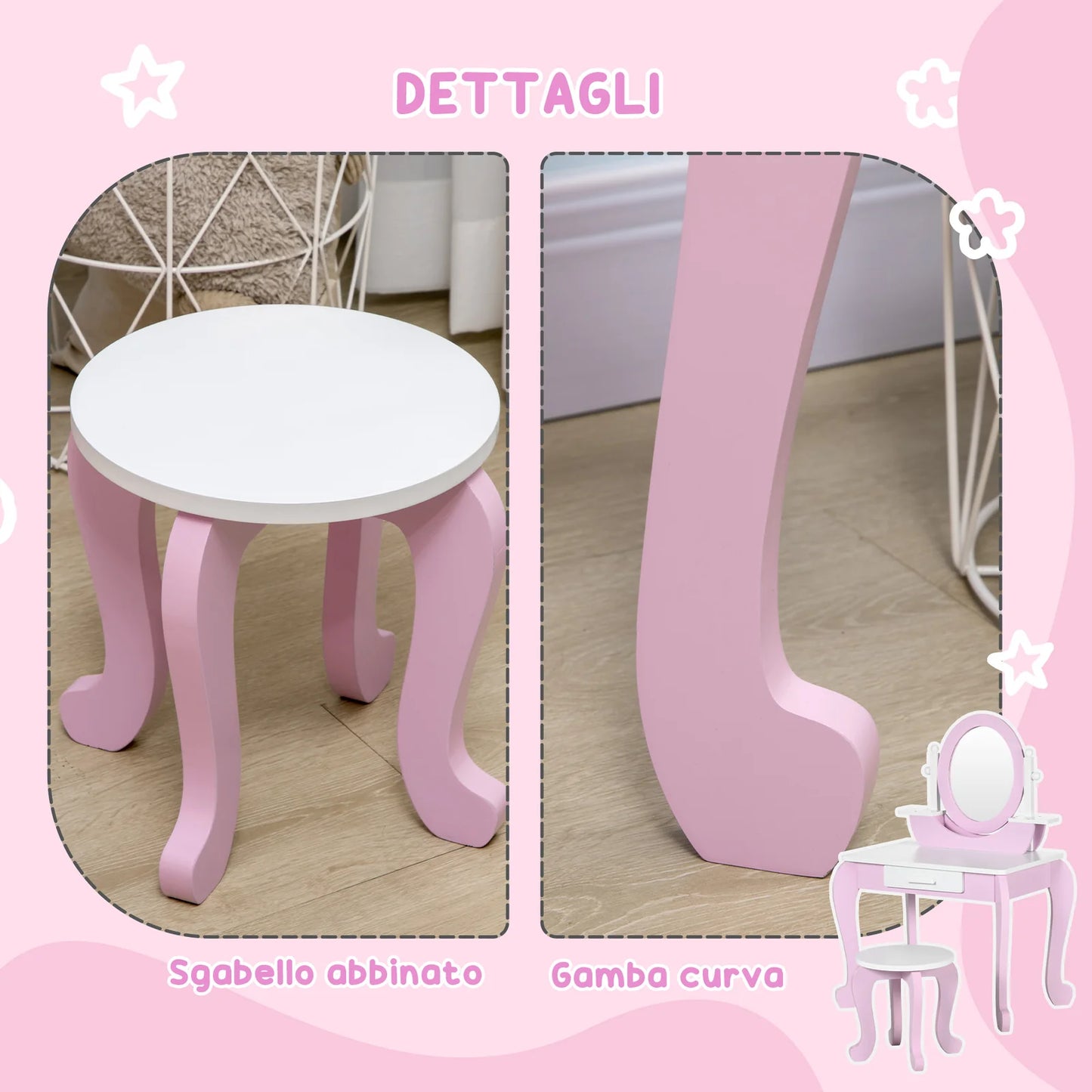 Kids Pink Vanity Table Set with Mirror & Stool