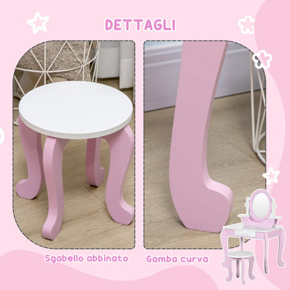 Kids Pink Vanity Table Set with Mirror & Stool