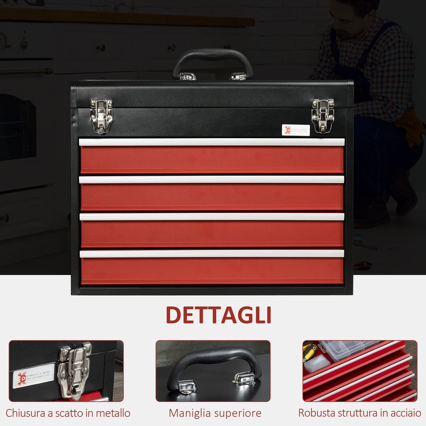Steel Tool Box with 4 Drawers and Top Tray, 51x22x39.5 cm, Red and Black