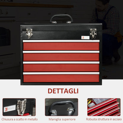Steel Tool Box with 4 Drawers and Top Tray, 51x22x39.5 cm, Red and Black