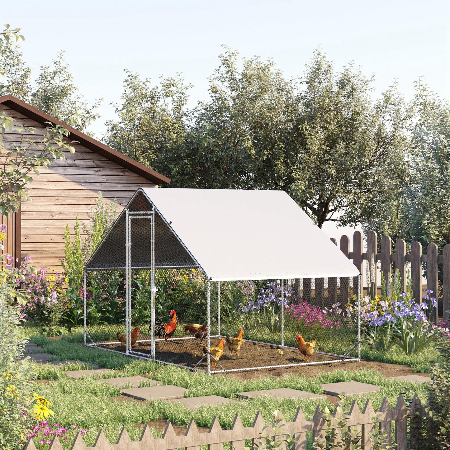 Garden chicken coop with galvanized frame, waterproof coverage and hexagonal network, 3x2x2m, silver