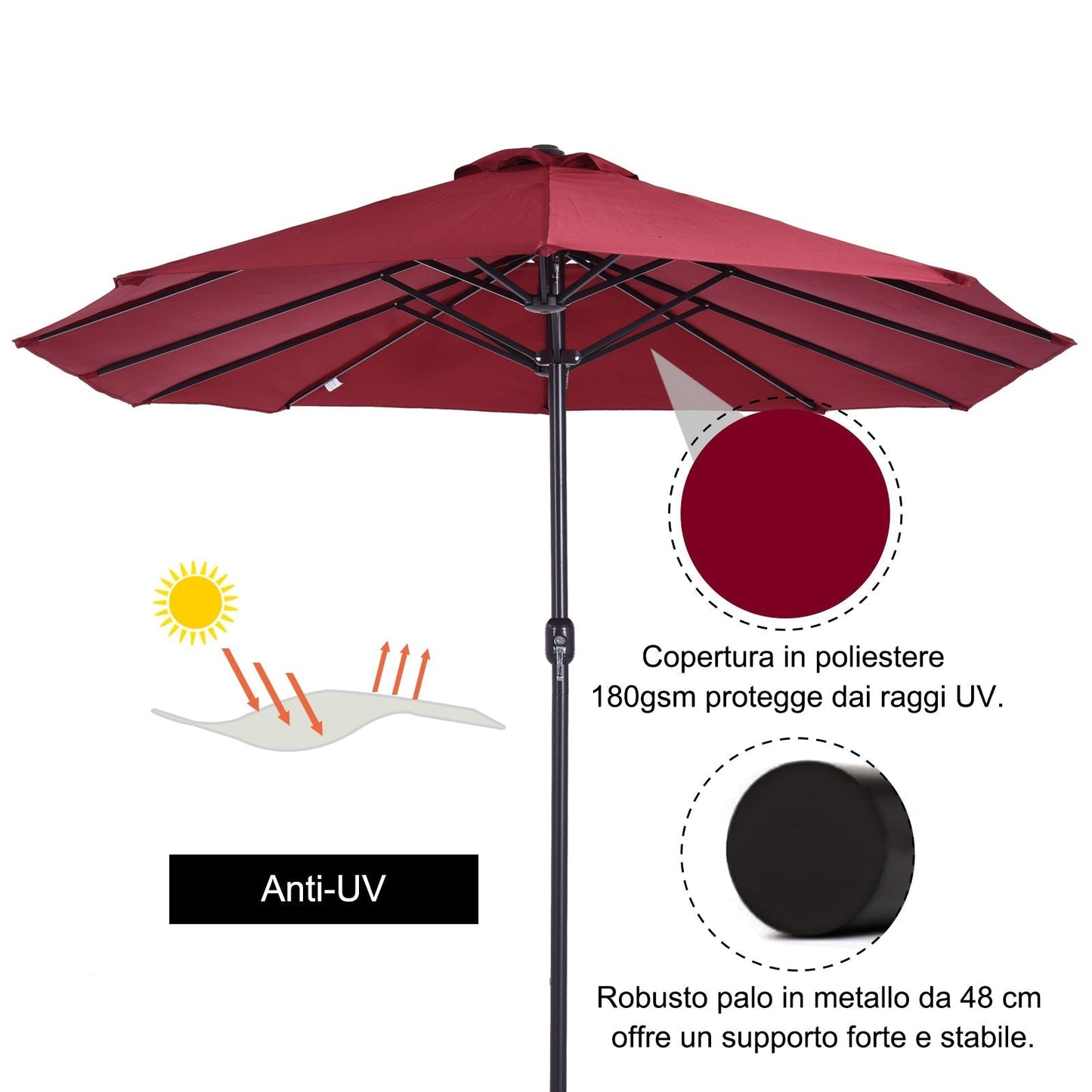 Double Garden Umbrella with Crank Opening, in Steel and Polyester, 460x270x240 cm, Red