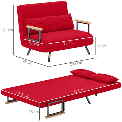 Velvet Fabric Sofa Bed with Adjustable Backrest and 2 Cushions, 102x73x81 cm, Red