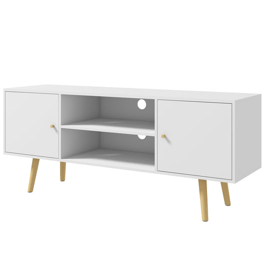55" max TV Stand with 2 Cabinets and 2 Open Shelves, in Wood and Chipboard, 120x34x50 cm, White