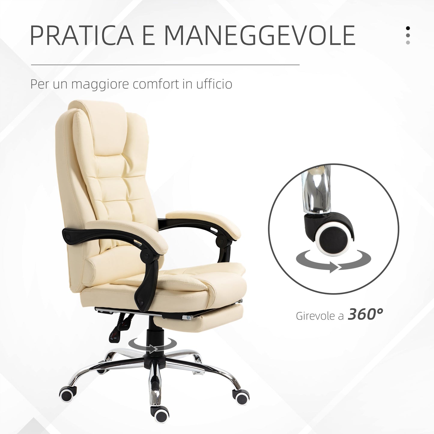 White Faux Leather Presidential Chair with 145° Reclining Backrest and Footrest, 64.5x69x109-117 cm
