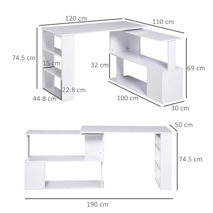 corner desk with 5 white shelves 120 x 100 x 74.5cm