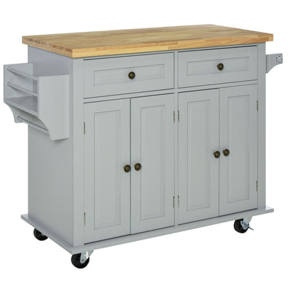 Kitchen Trolley with 2 Drawers and 2 Cabinets, Wooden Top, Spice Rack and Tea Towel Holder, Grey