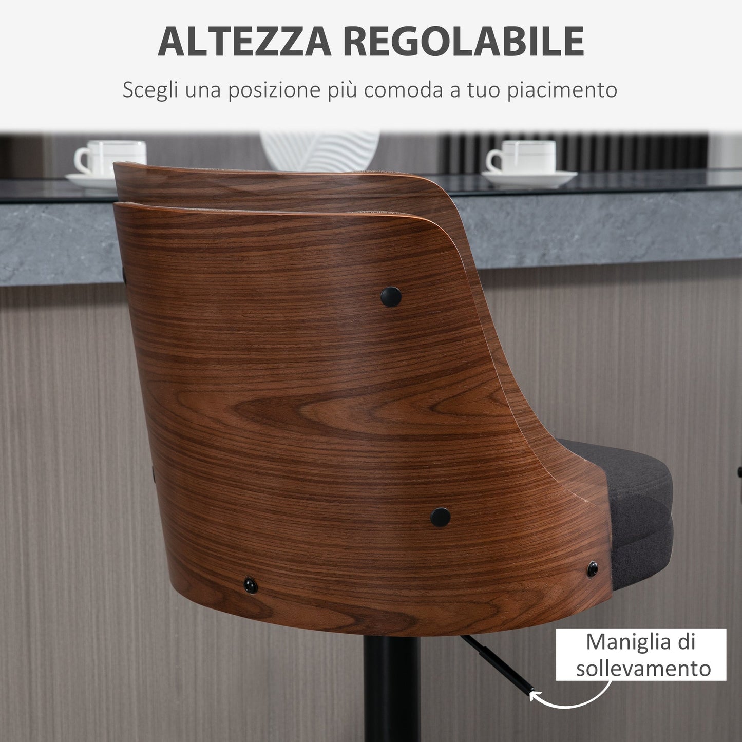 VENERA | Set of 2 Swivel Bar Stools with Adjustable Height for Kitchen and Living Room, 47.5x50x93.5-116 cm, Black and Walnut