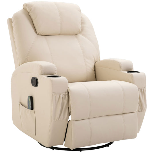 Manual Reclining Massage Chair, Electric Swivel Relax Chair with 2 Cup Holders, Remote Control, Footrest and 4 Side Pockets, in PU Leather, Wood and Steel, Cream