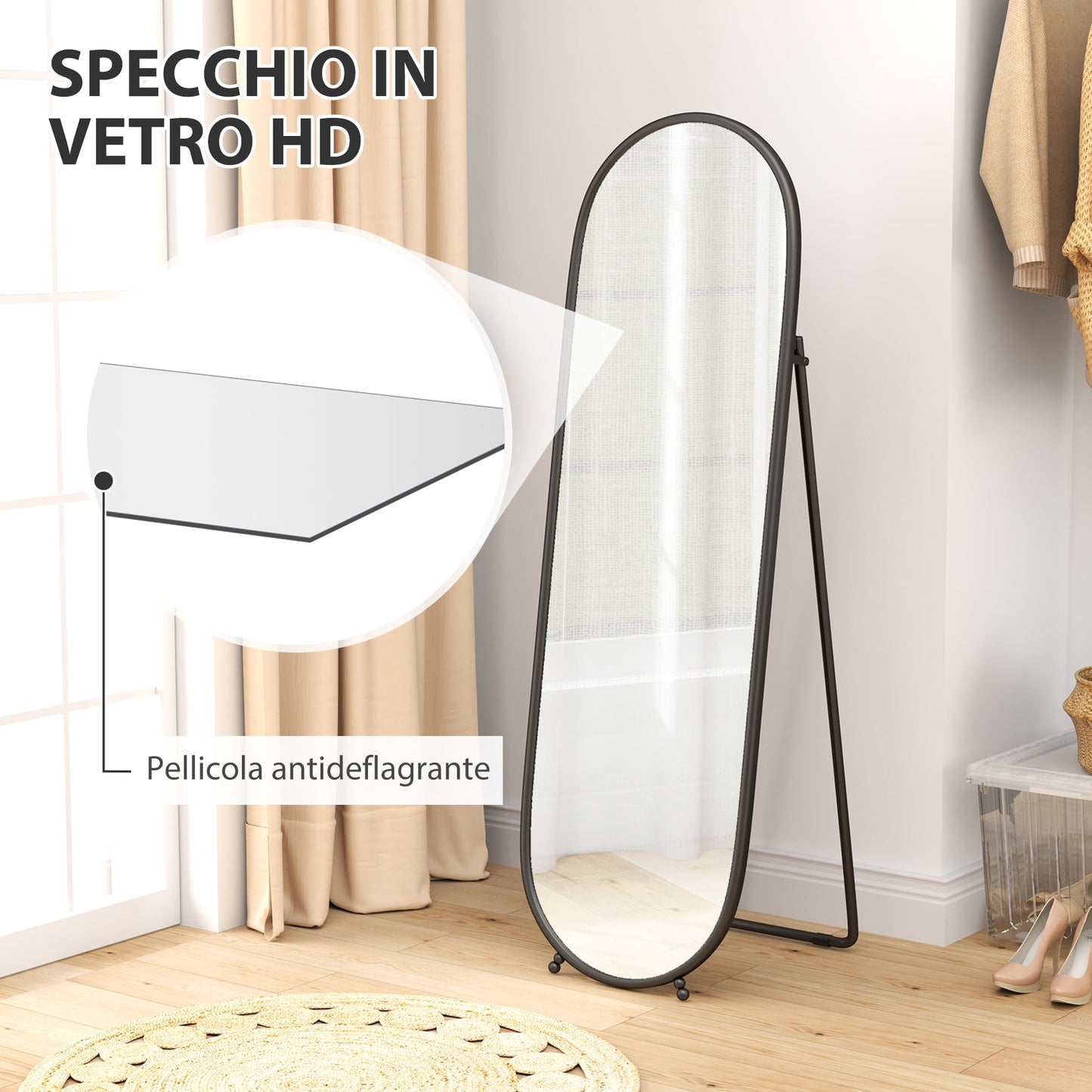 Full-Length Floor Mirror with Folding Stand, in Glass and Metal, 40x41x159 cm, Black