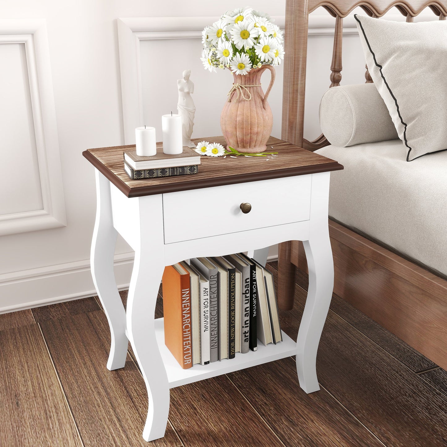 French Style Wooden Nightstand with Drawer and Open Shelf, 45x35x55 cm, White and Oak