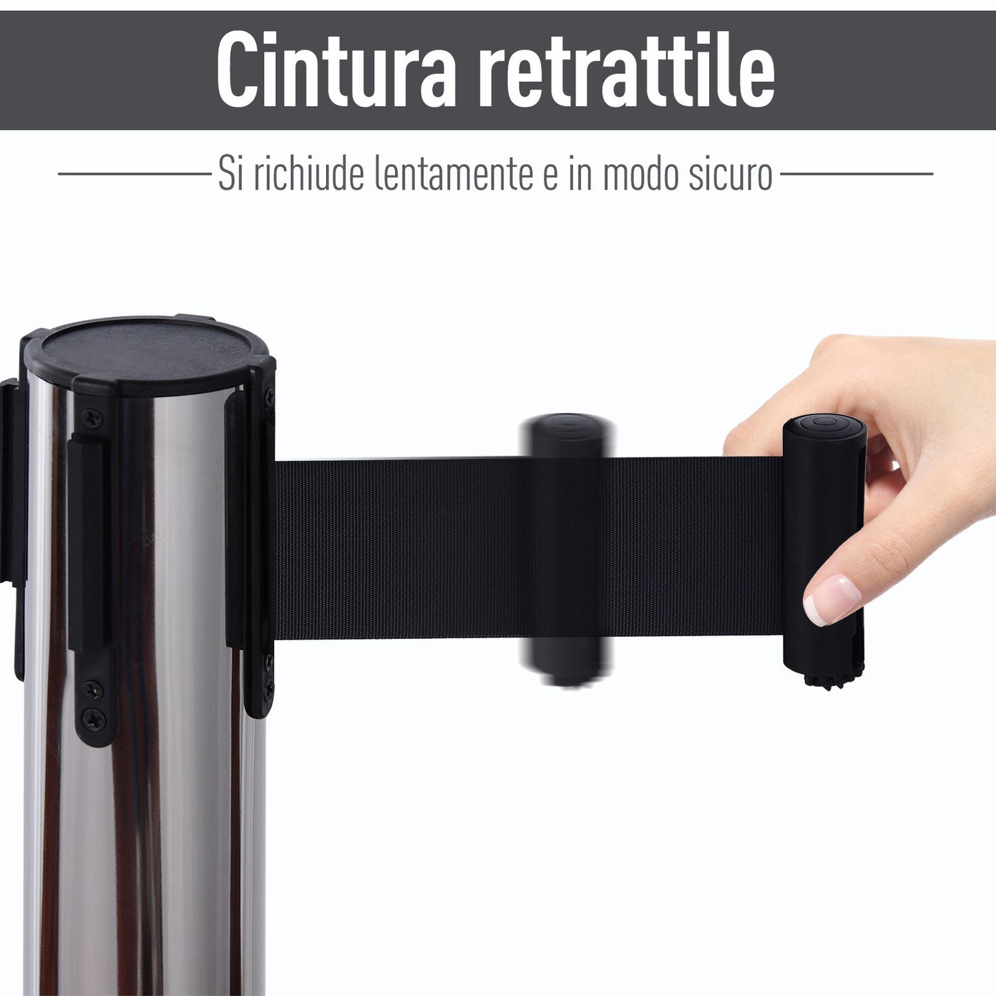 Silver Retractable Bollards | with black ribbon of 2m in Stainless Steel and Nylon | ф32x90cm