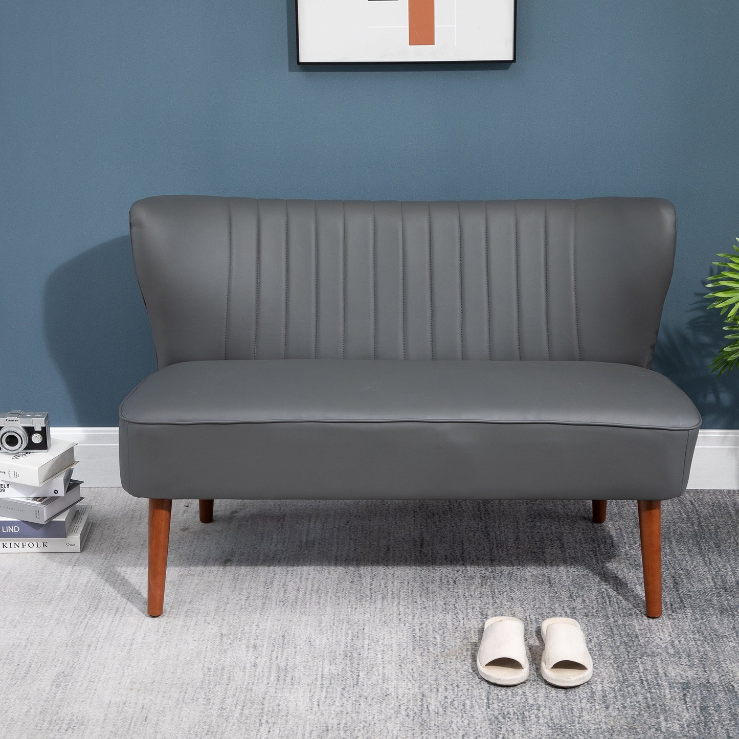 STELLE | Grey 2 Seater Sofa Grey Synthetic Leather with wooden legs