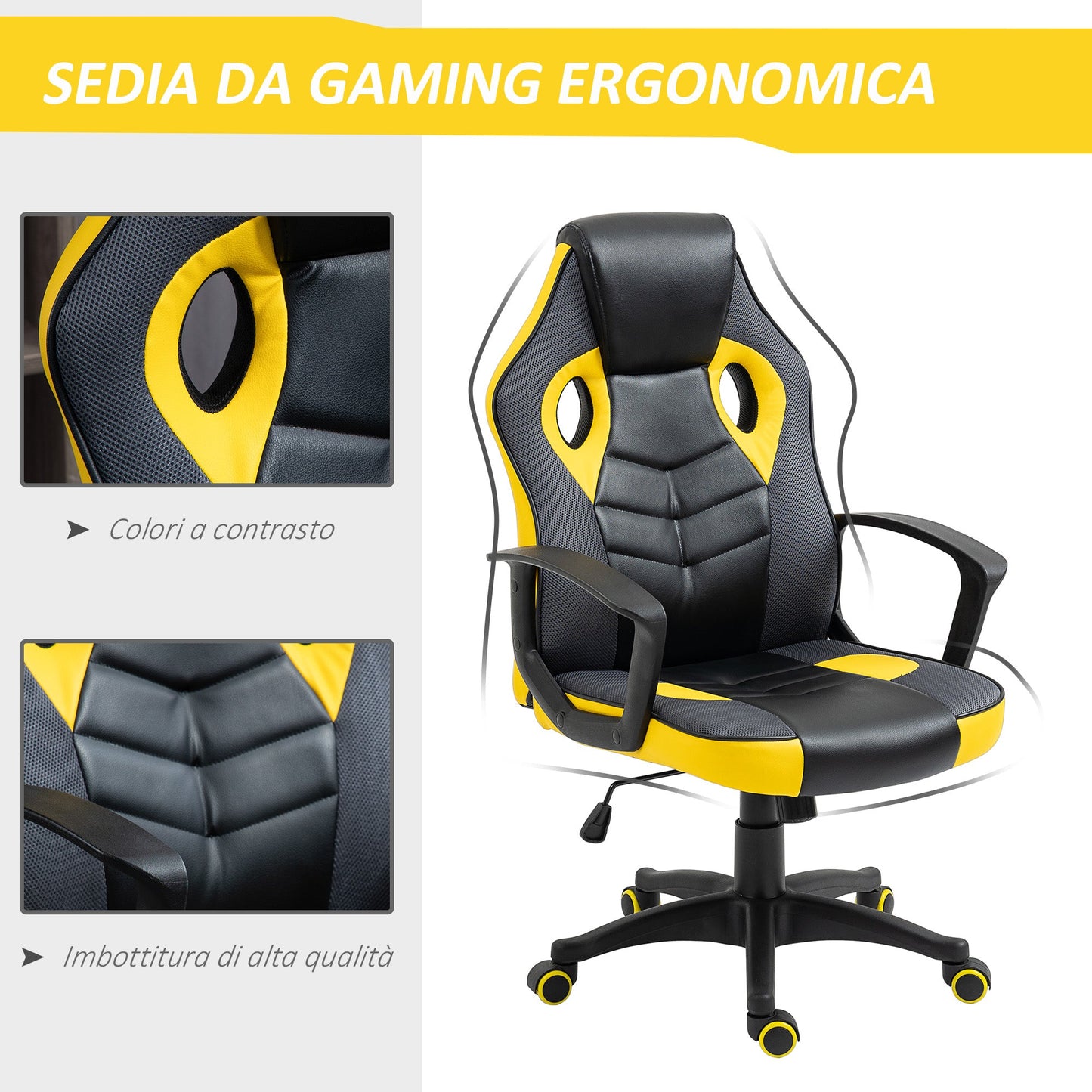 Ergonomic Gaming Chair, Swivel Office Chair with Wheels in Black and Yellow Faux Leather, Adjustable Height