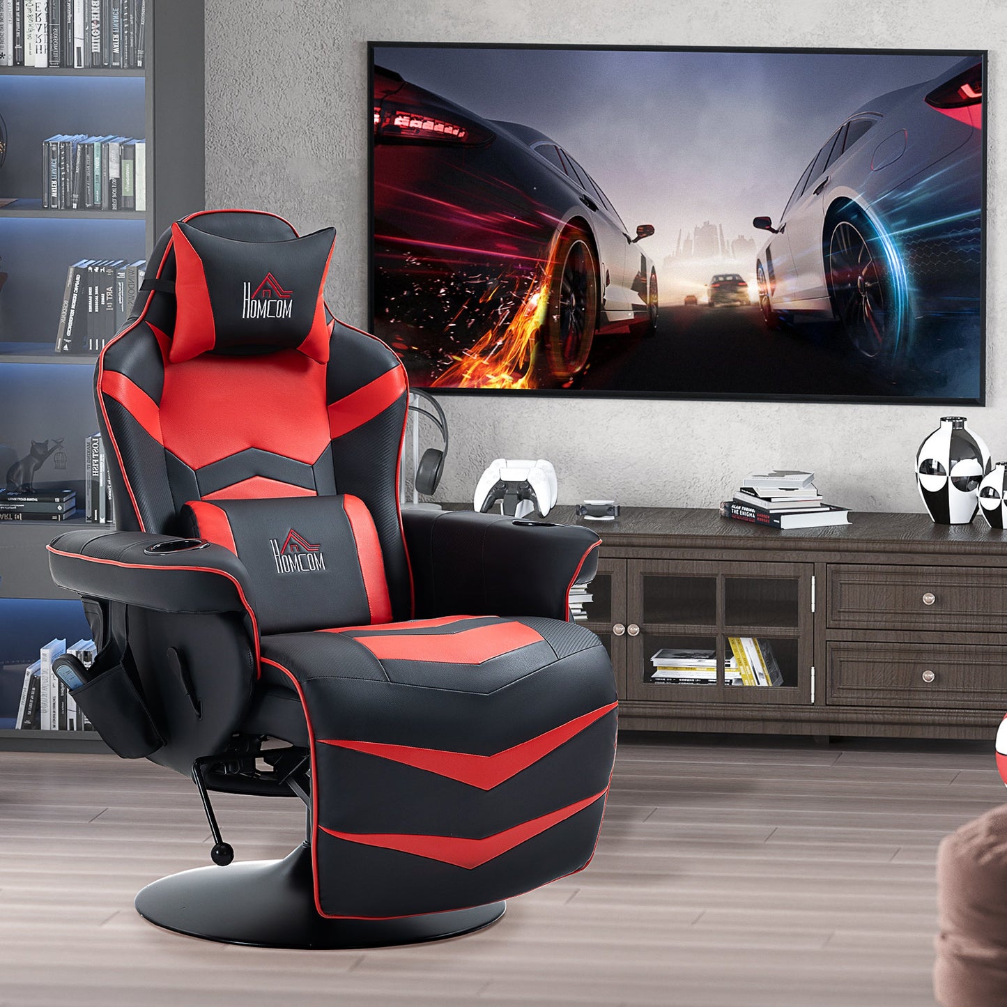 Gaming Chair with Massage, Footrest and Cushion, Faux Leather, 79.5 x 82.5 x 111.5 cm, Black and Red