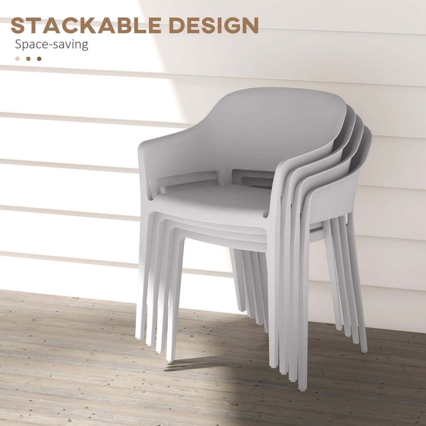 Set of 4 Stackable Plastic Garden Chairs with Armrests and High Backrest in PP, Grey