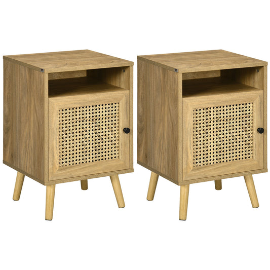 Set of 2 Boho Style Nightstands with Cabinet and Open Shelf, Chipboard, Rattan and MDF, 39x35x60 cm