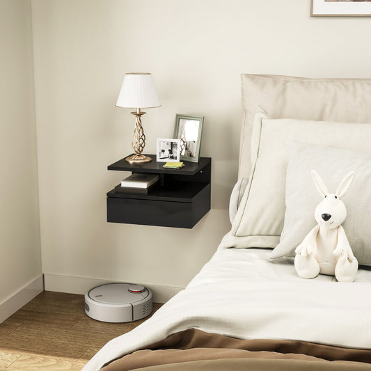 Floating Nightstand for Bedroom with Drawer and Open Shelf in Wood, 35x32x22.5 cm, Glossy Black