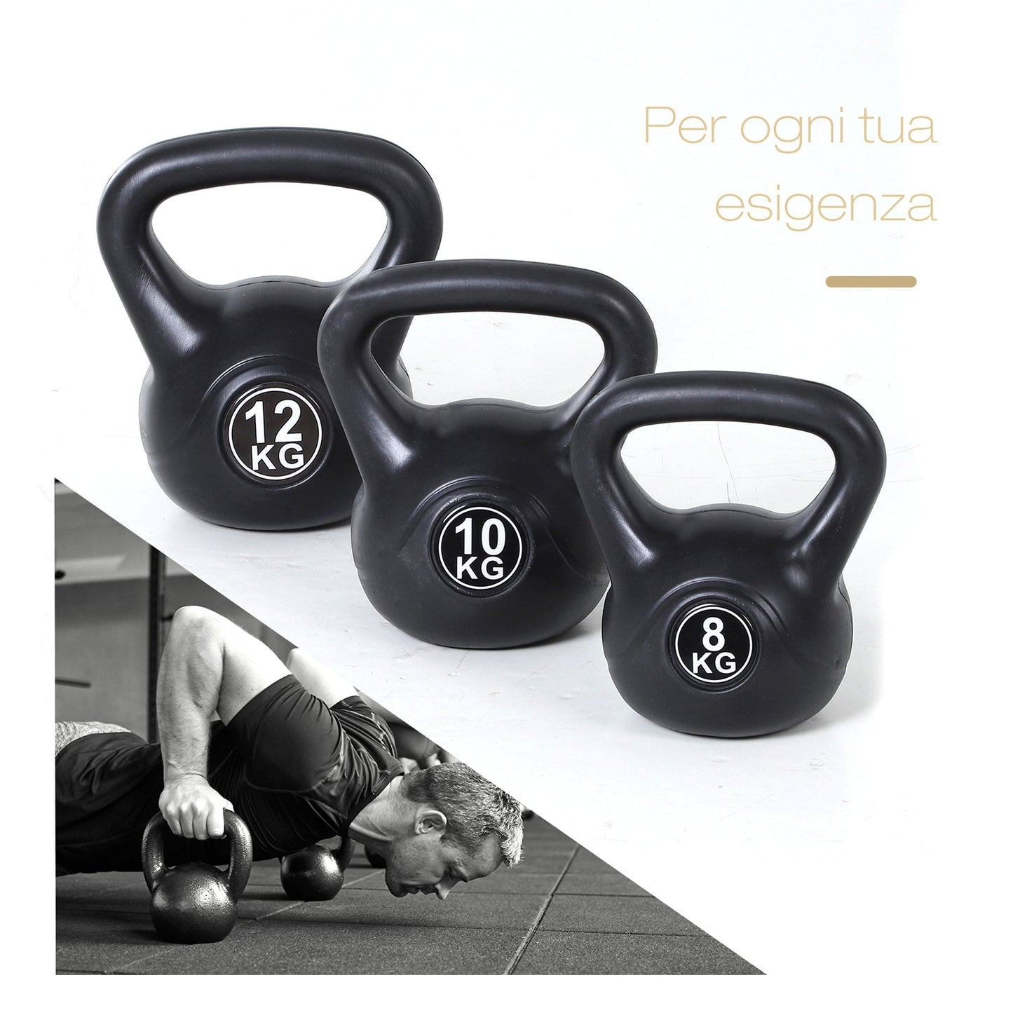Kettlebell 10kg for Sports and Fitness with Flat Base and Handle, Kettlebell Weights in Plastic and Sand, 25x19x28 cm, Black
