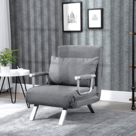 Single Armchair Bed with 5-Level Adjustable Backrest and Fabric Cushion, Light Gray