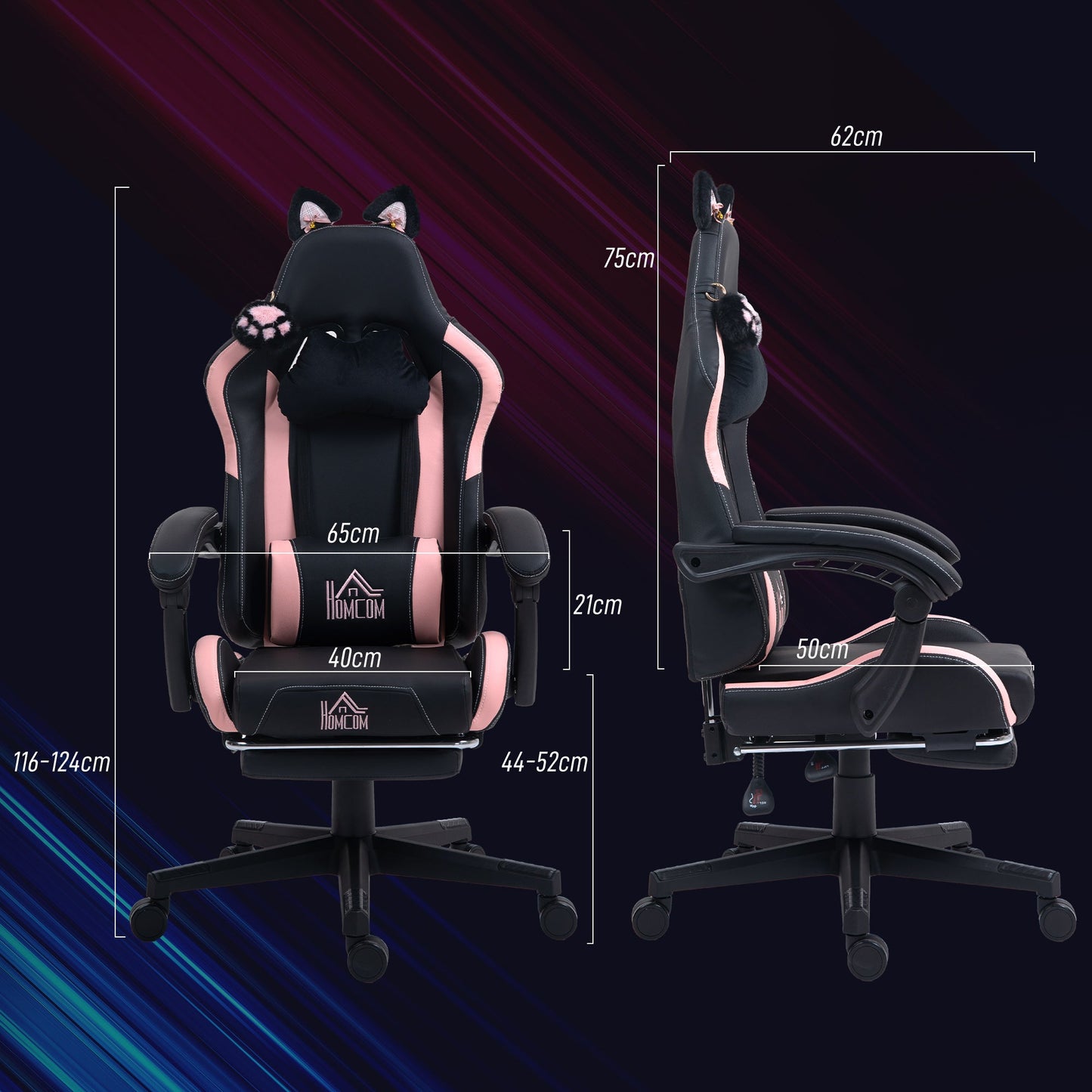 Reclining Gaming Chair with Footrest and Cushions, Faux Leather and Sponge, 65x62x116-124 cm, Pink and Black