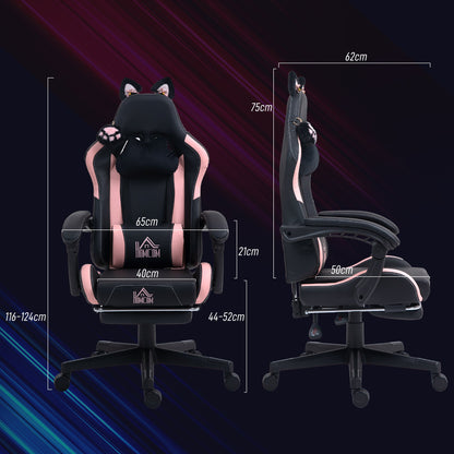 Reclining Gaming Chair with Footrest and Cushions, Faux Leather and Sponge, 65x62x116-124 cm, Pink and Black