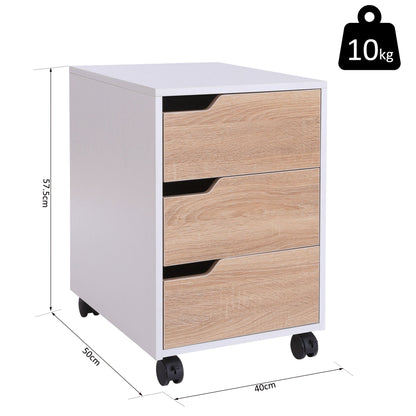 MDF chest of drawers with 3 drawers and wheels for office or white and wood study, 40x50x57.5cm
