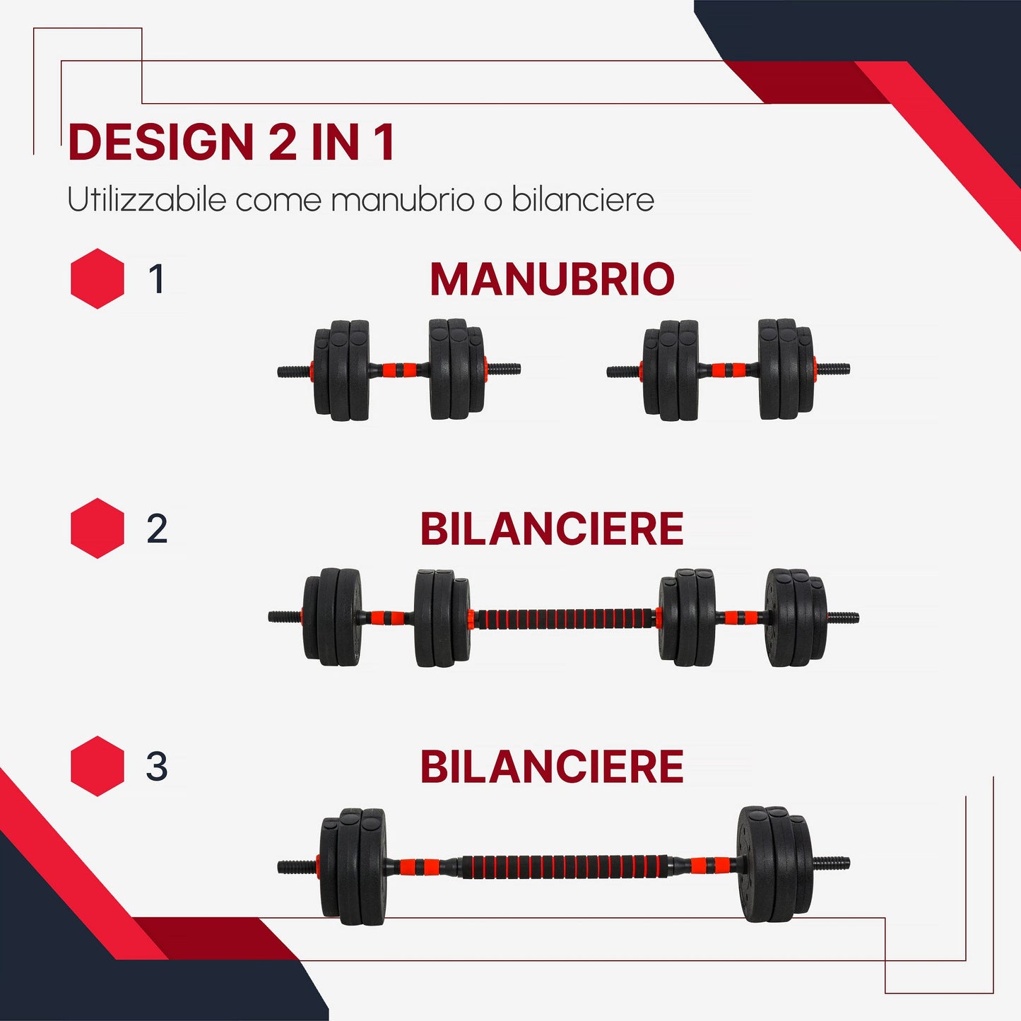Set of 2 Dumbbells Convertible into a Barbell, 25kg Total with 12 Steel and Plastic Weight Discs for Home Training