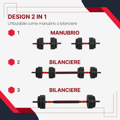Set of 2 Dumbbells Convertible into a Barbell, 25kg Total with 12 Steel and Plastic Weight Discs for Home Training