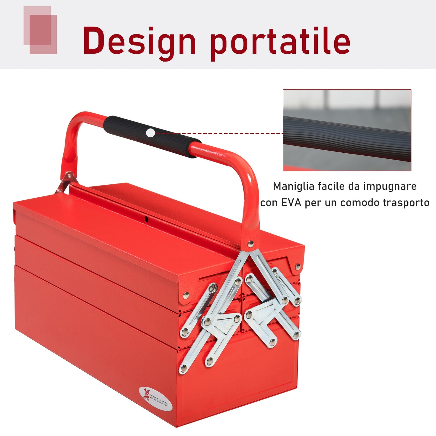 Folding Metal Tool Box with 5 Trays, 3 Shelves, Red