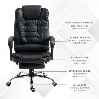 Height Adjustable Office Chair with Reclining Backrest and Footrest, 64.5x69x109-117 cm, Black