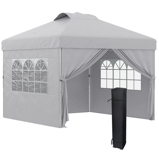 3x3m Folding Gazebo with 3-Level Adjustable Height, Windows and Carry Bag, Light Grey
