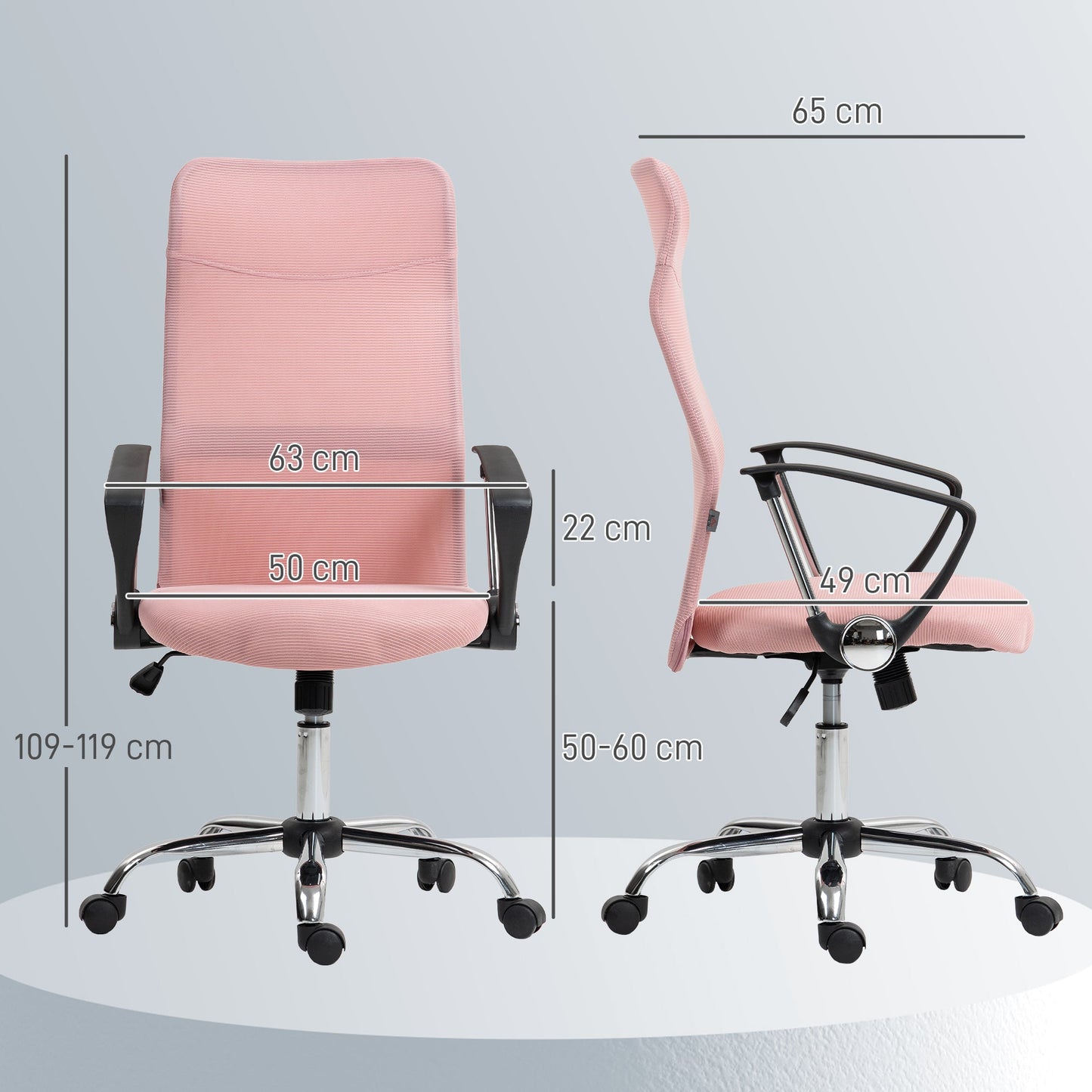 Ergonomic Swivel Office Chair, Adjustable Height and Mesh Backrest, 63x65x109-119 cm, Pink