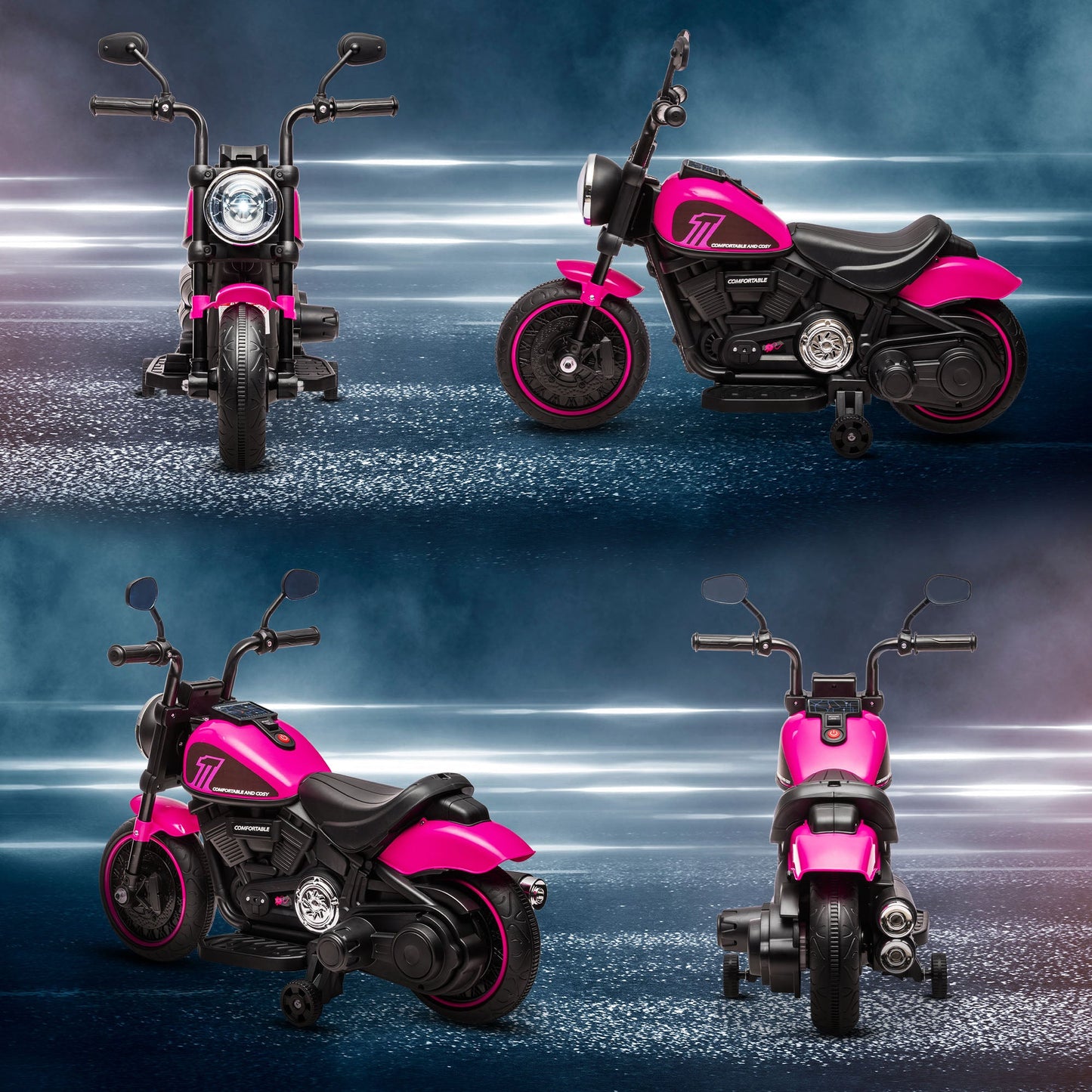 Electric Motorcycle for Children 18-36 Months with Wheels and Headlight, 76x42x57 cm, Pink and Black