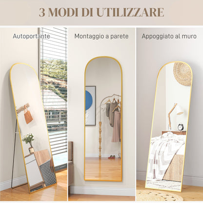 Modern Aluminum Alloy Floor and Wall Mirror with Folding Stand, 50x161.5 cm, Gold