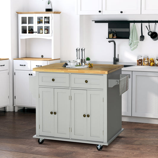 Kitchen Trolley with 2 Drawers and 2 Cabinets, Wooden Top, Spice Rack and Tea Towel Holder, Grey