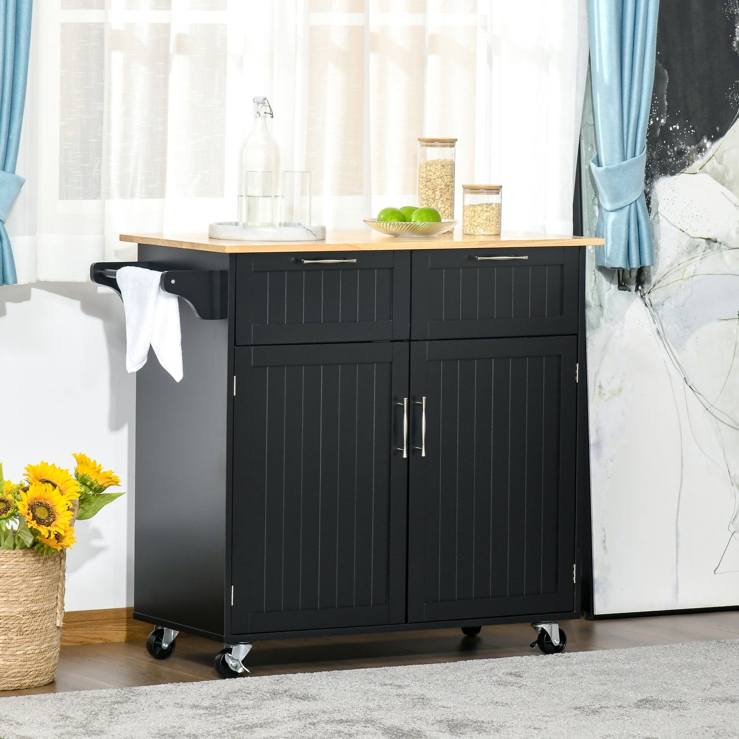 Multipurpose Wooden Kitchen Cart with 2 Drawers, Cabinet and 4 Wheels, 104x46x91cm, Black
