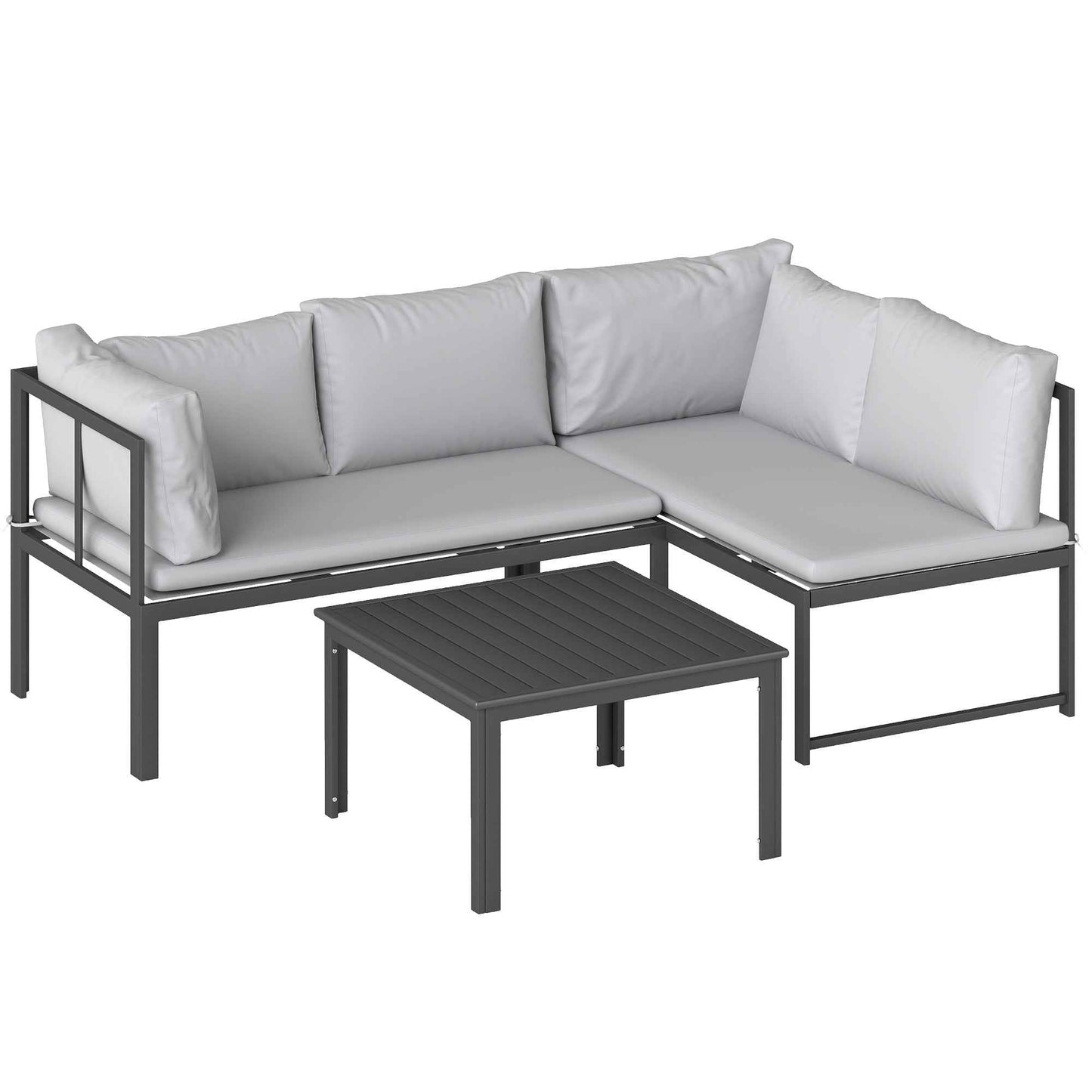 3-Piece Garden Set with 4-Seater Corner Sofa and Slatted Coffee Table, in Metal and Grey Polyester