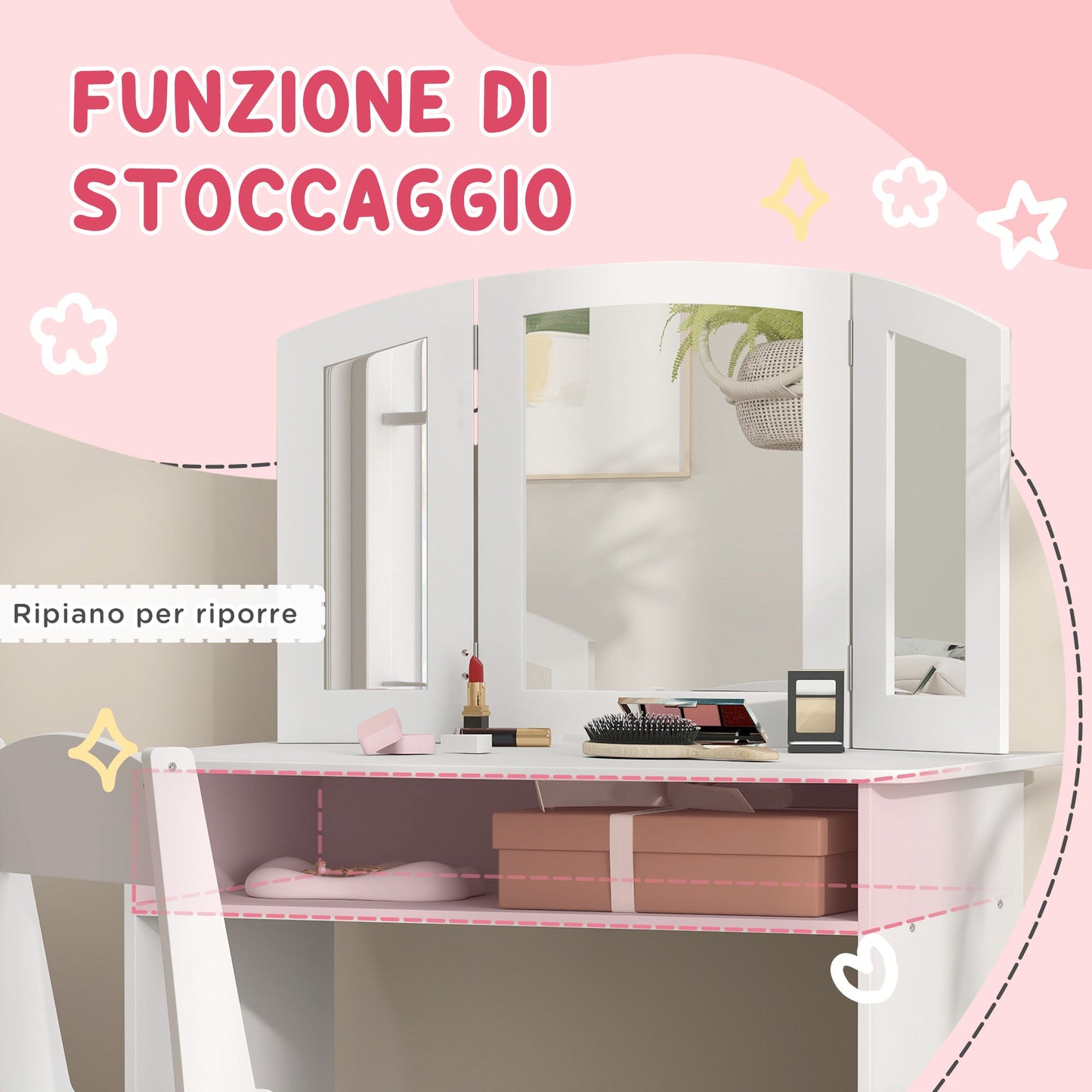 Kids Makeup Set with Removable Triple Mirror Dressing Table and White Wooden Chair